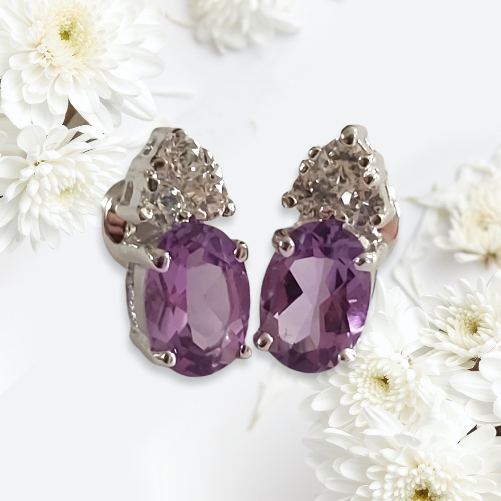 Silver Plated Stud Earrings w/Clear & Purple Cubic Zirconia Stones